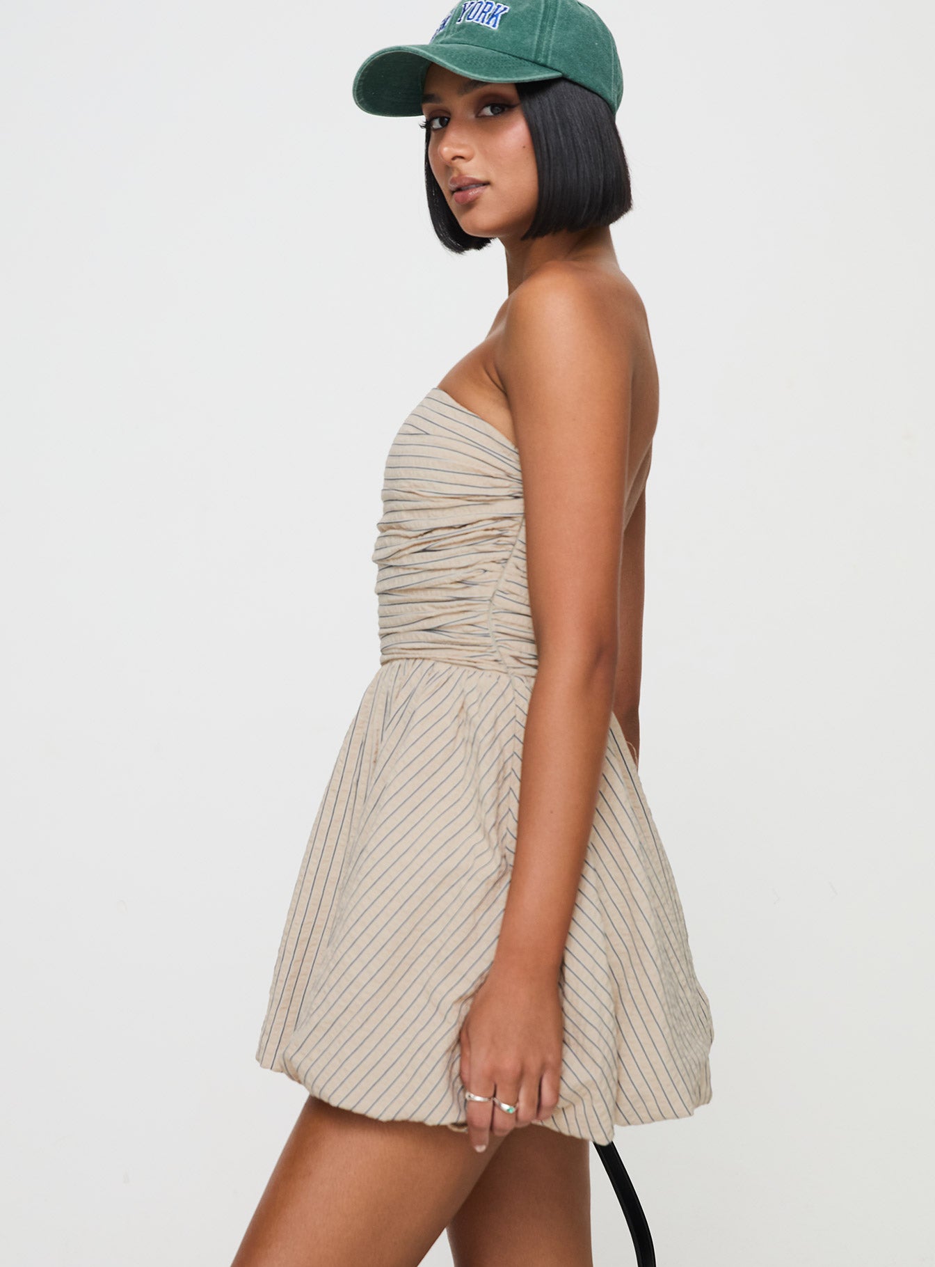Quinette Strapless Bubble Hem Mini Dress Beige Stripe - Image 3