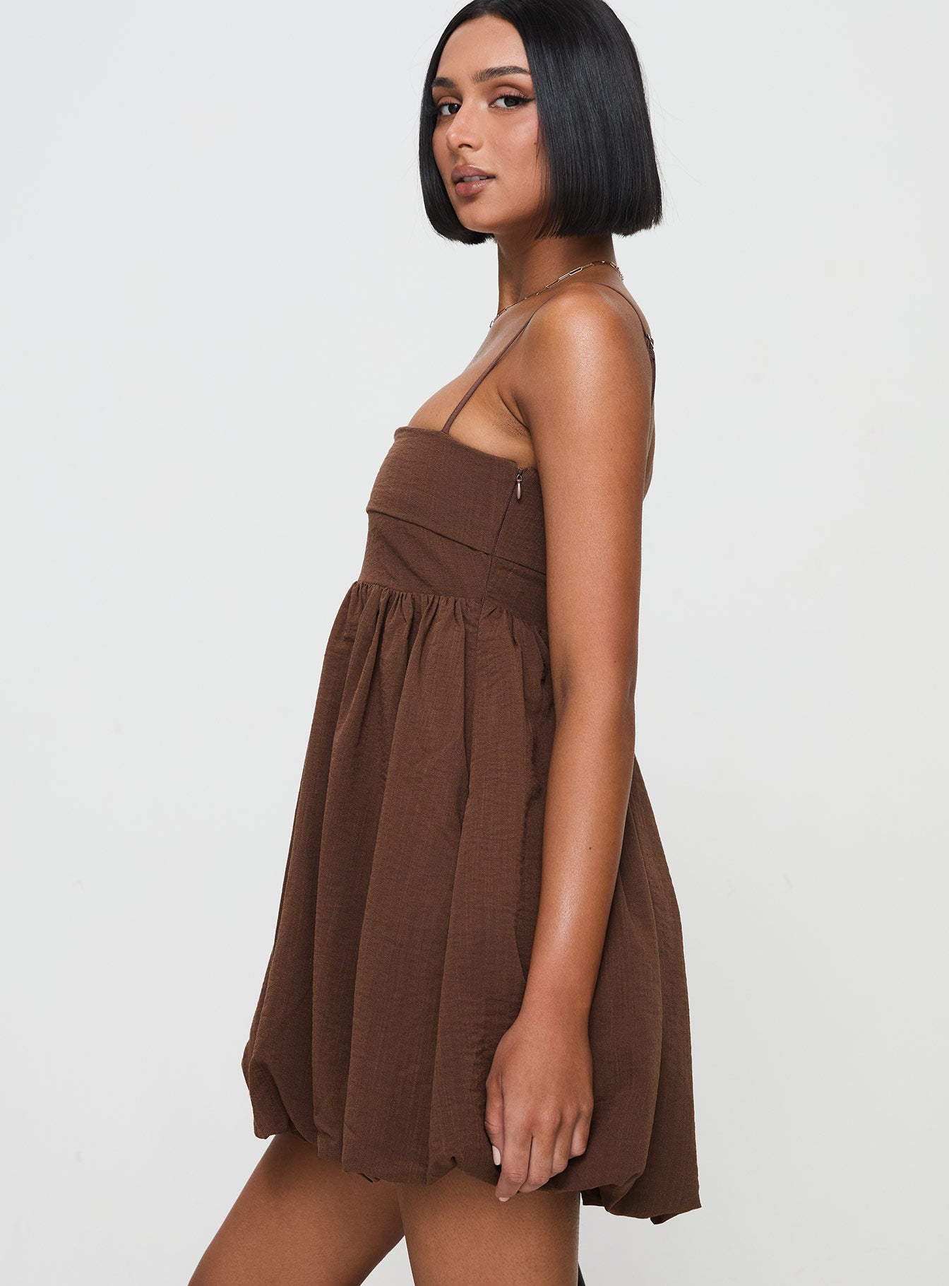 Layken Bubble Hem Mini Dress Chocolate Petite - Image 4