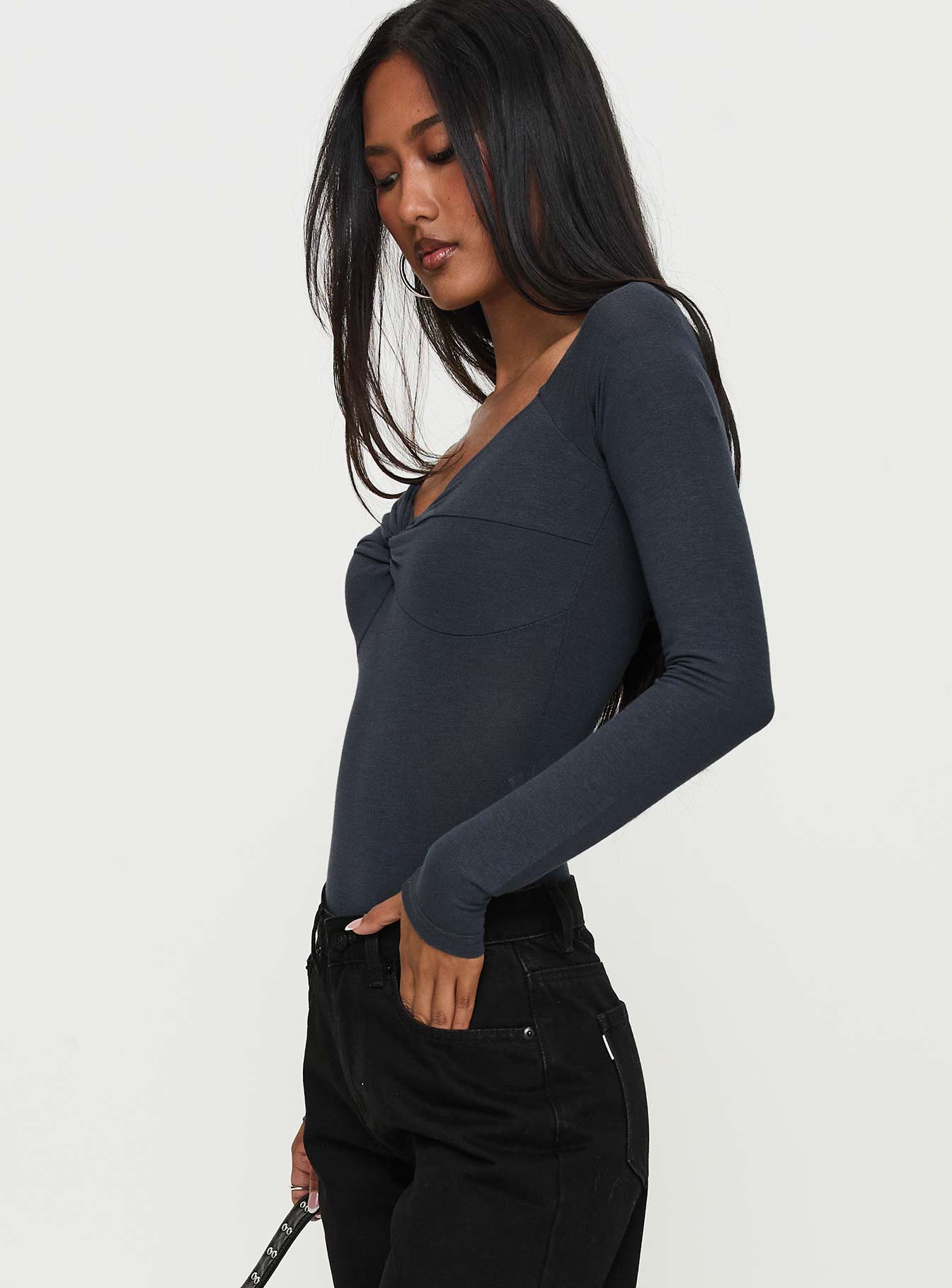 Heart Mend Long Sleeve Off The Shoulder Bodysuit Blue - Image 3