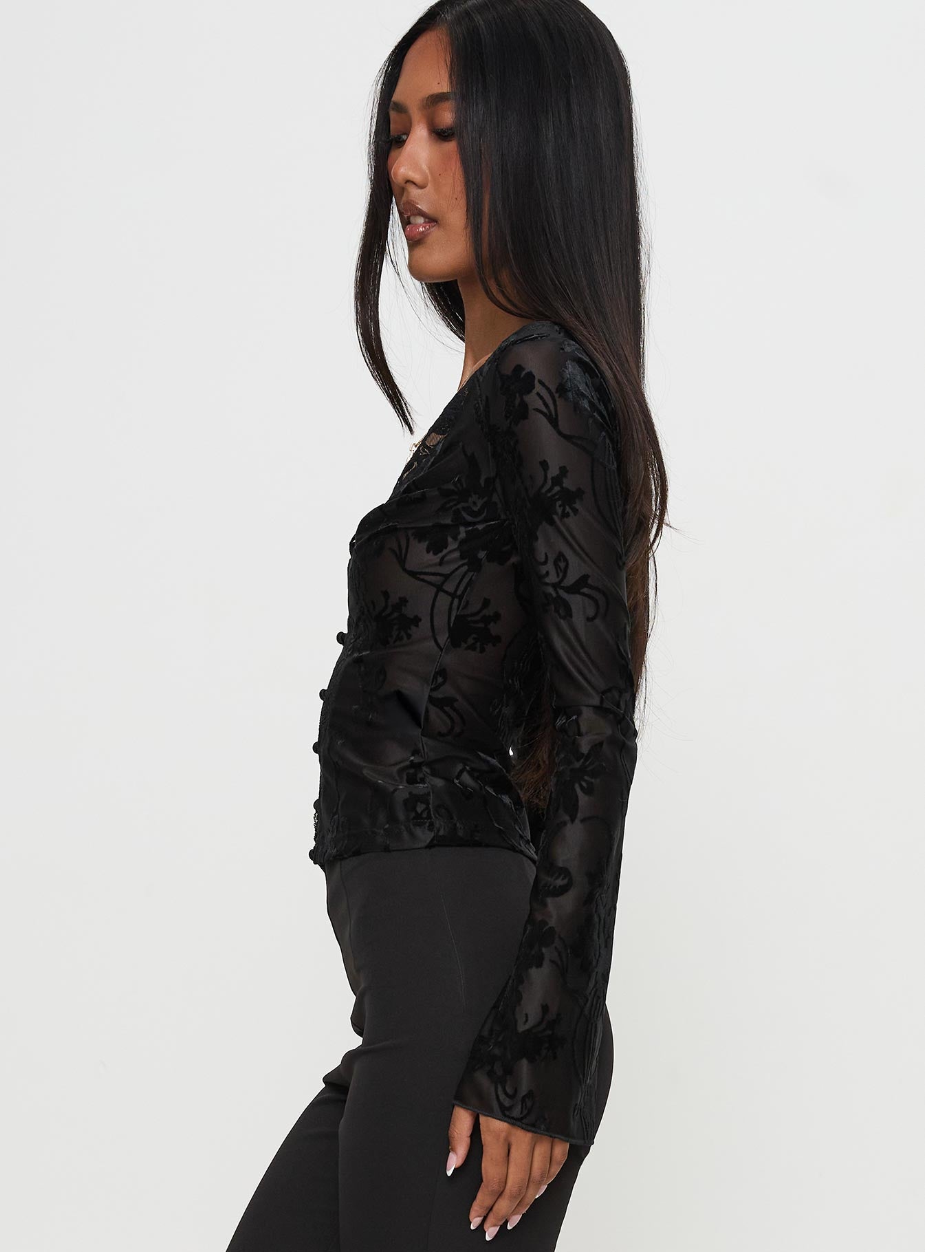 Find An Angel Long Sleeve Lace Trim Top Black - Image 3