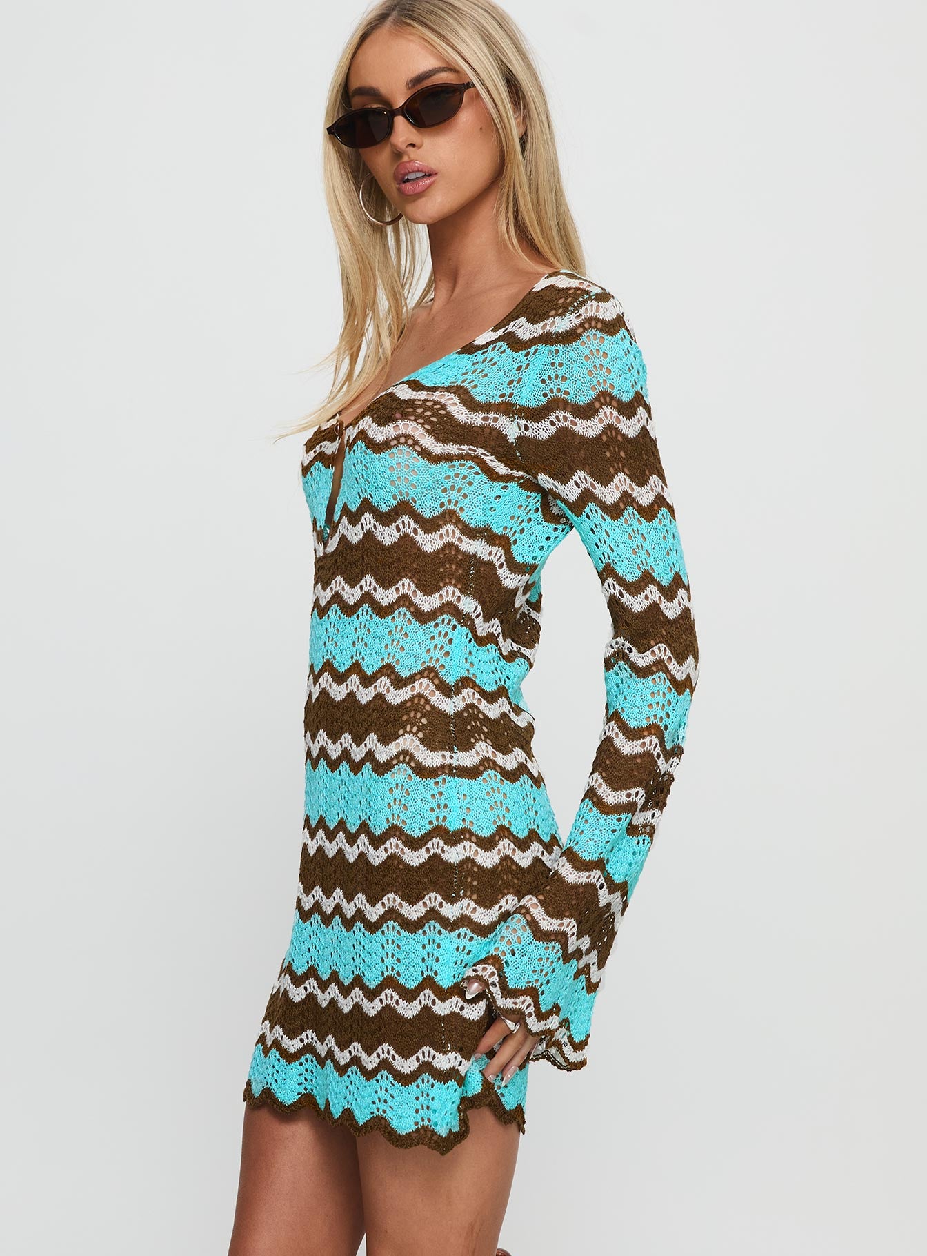 Suka Long Sleeve Knit Mini Dress Brown / Blue - Image 4