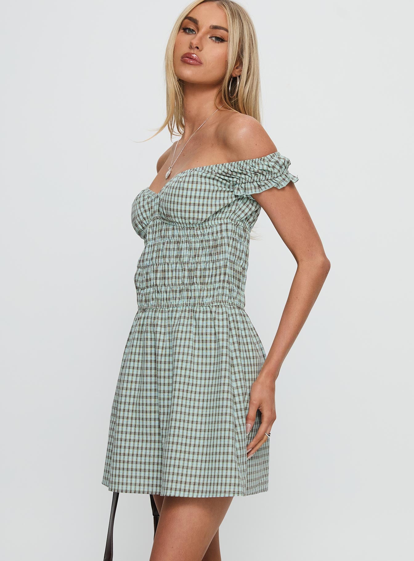 Olwen Ruched Romper Green Check - Image 4