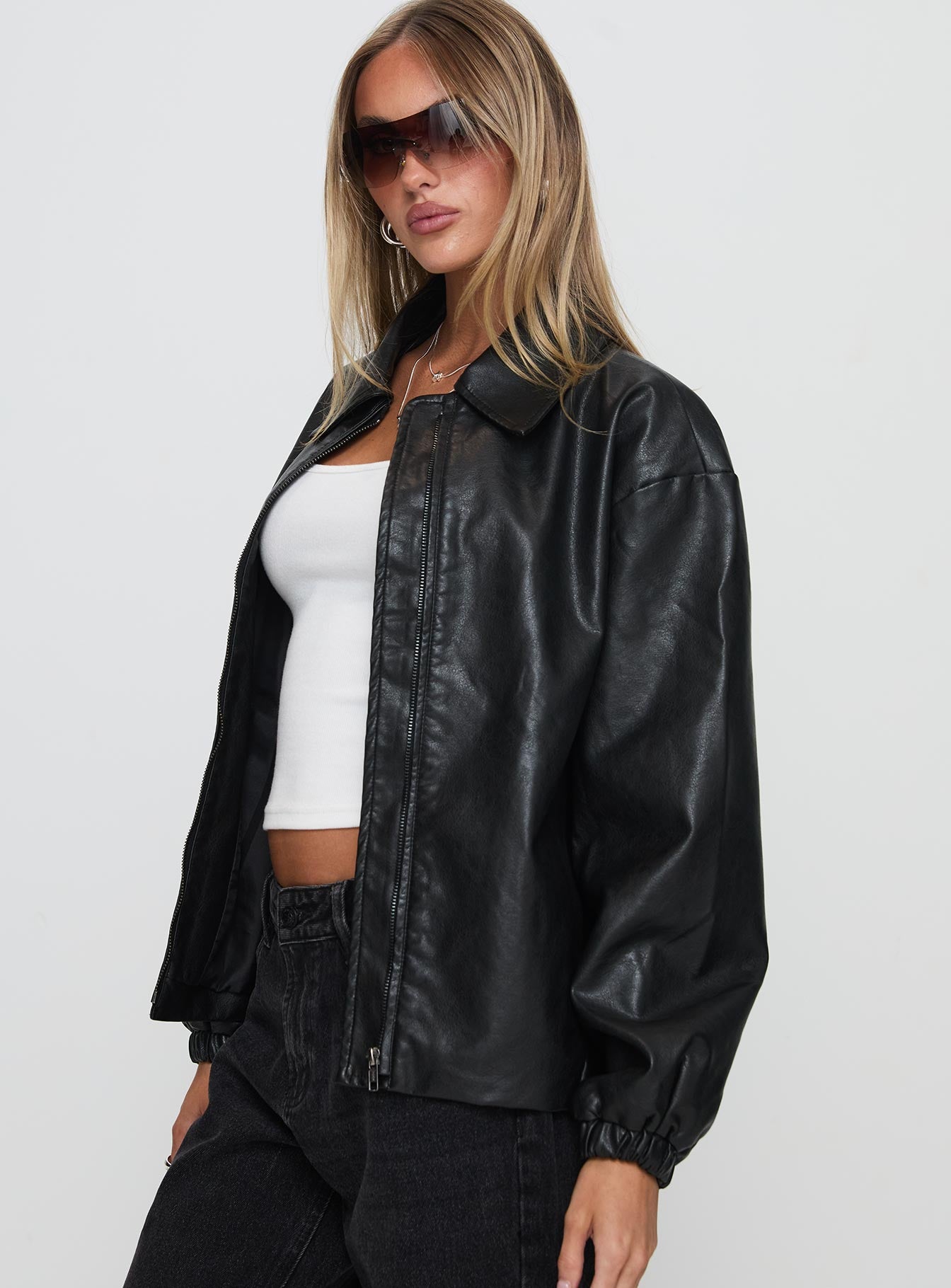 Missed Call Faux Leather Bomber Jacket Black - Image 4