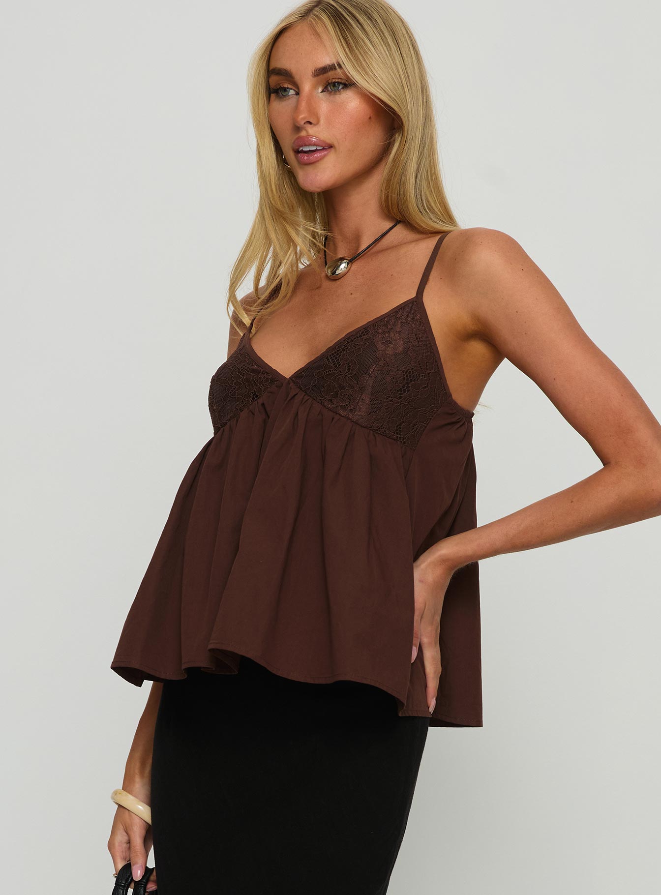 Janeesa Frill Lace Detail Cami Top Brown - Image 4