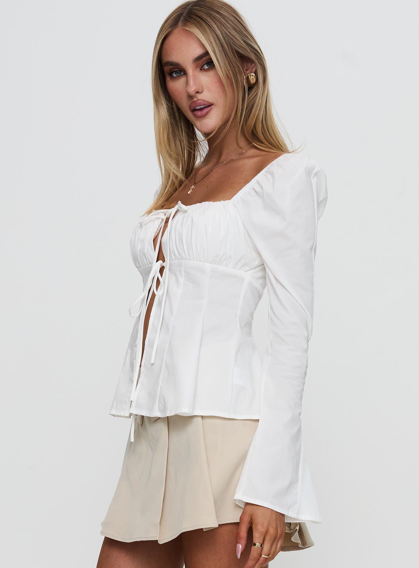 Lilibette Tie Up Long Sleeve Top White - Image 4