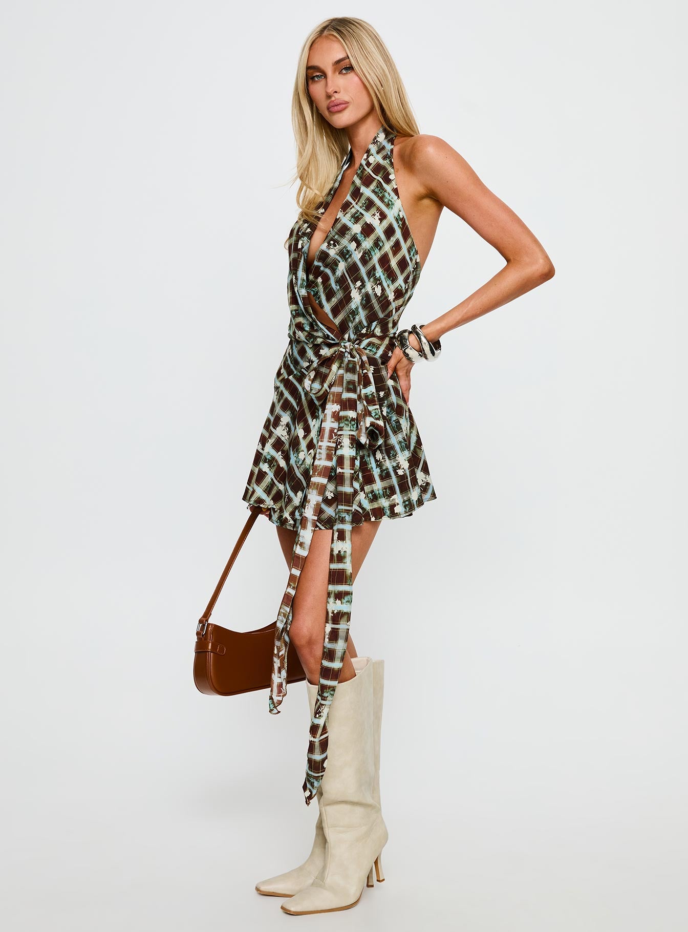 Brissa Halter Wrap Mini Dress Brown Multi - Image 3