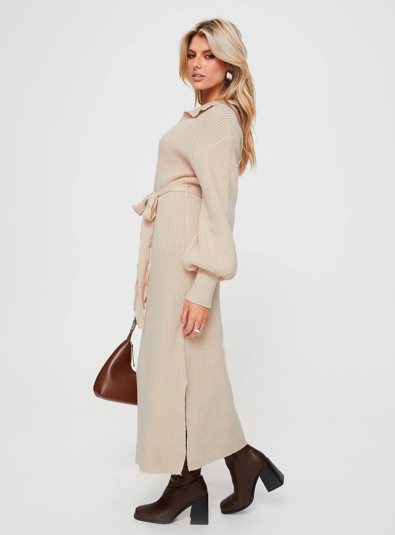 Oriel Long Sleeve Knit Maxi Dress Beige - Image 3