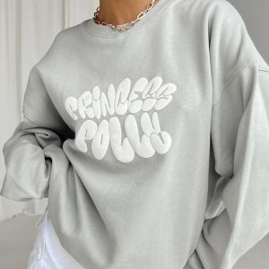 Princess Polly Crew Neck Sweatshirt Bubble Text Grey / Cloud White