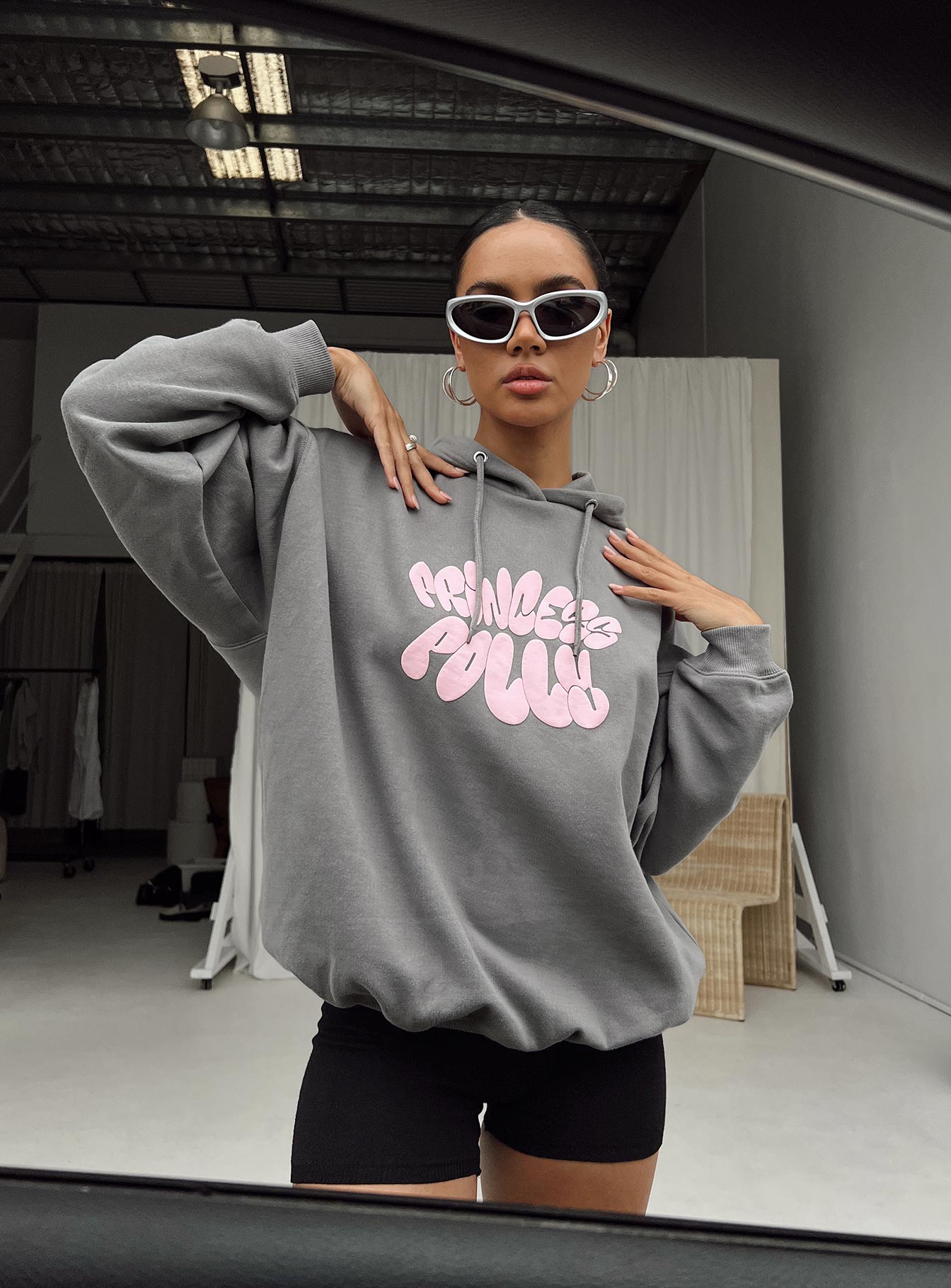 Princess Polly Hooded Sweatshirt Bubble Text Charcoal / Light Pink - Image 2