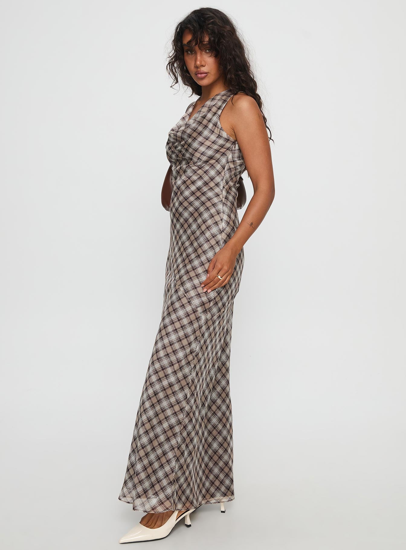 Veida Cowl Neck Maxi Dress Brown Check - Image 4