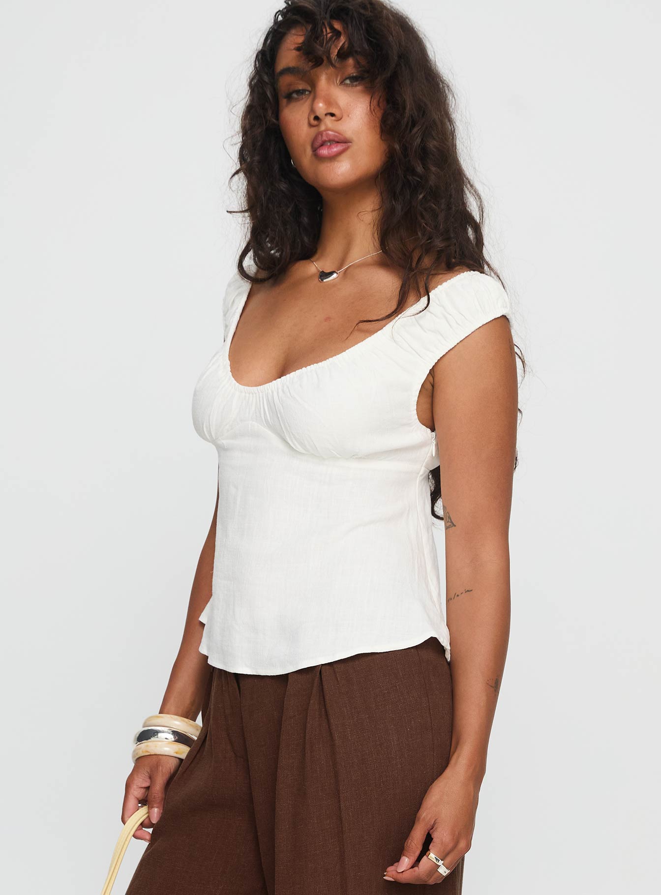 With Pleasure Puff Sleeve Linen Blouse Top White - Image 4