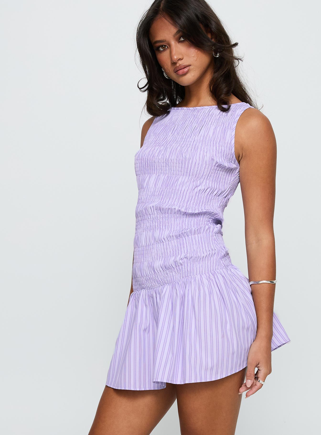 Home Grown Shirred Mini Dress Lilac Stripe - Image 3