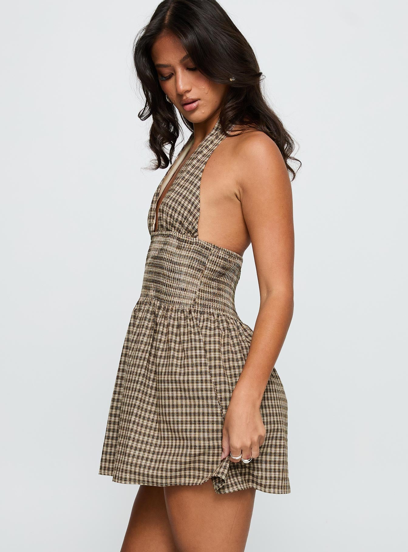 Juanette Halter Mini Dress Brown Check - Image 4