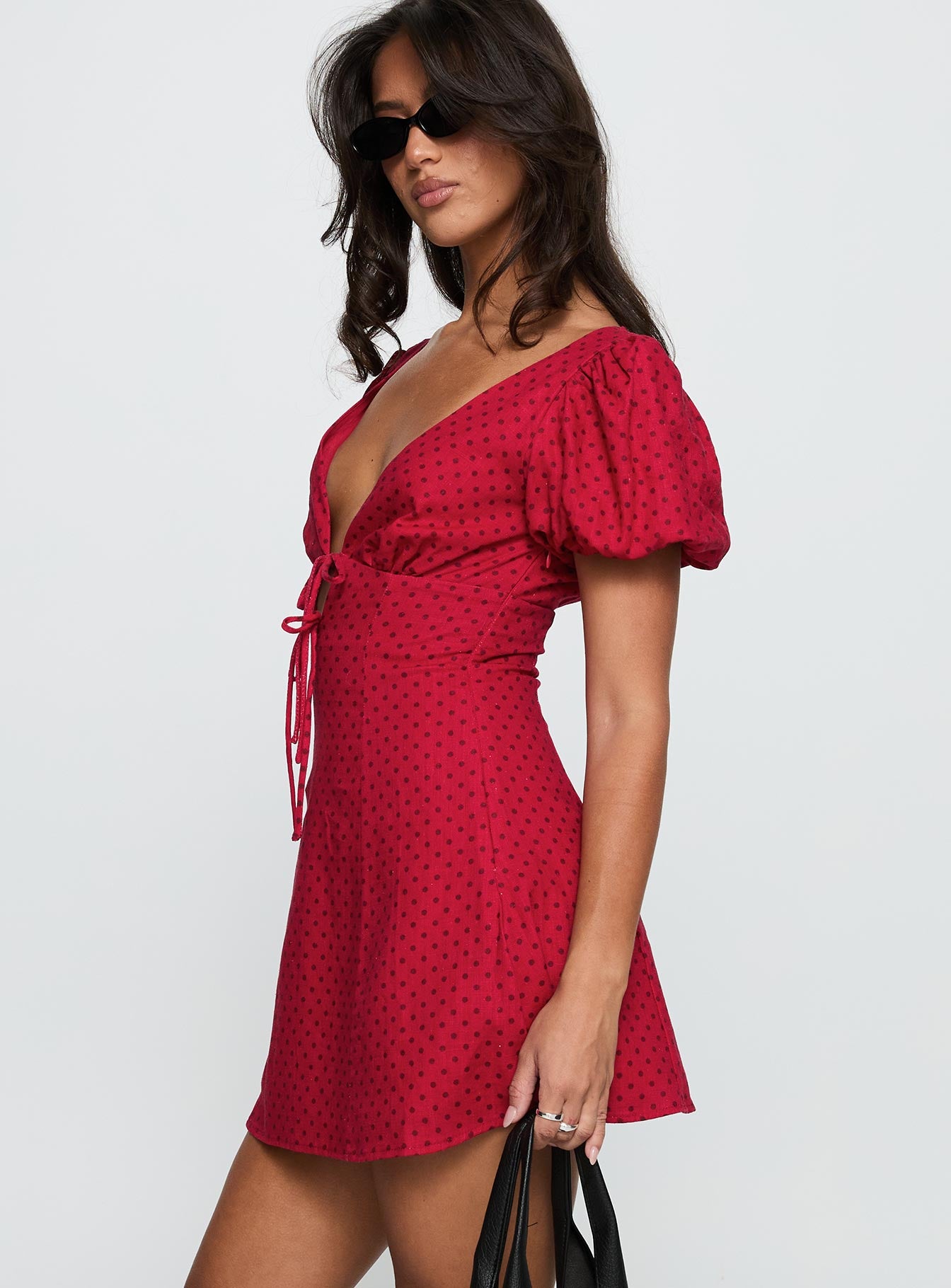 Beloved Puff Sleeve Linen Blend Mini Dress Red Polka - Image 4