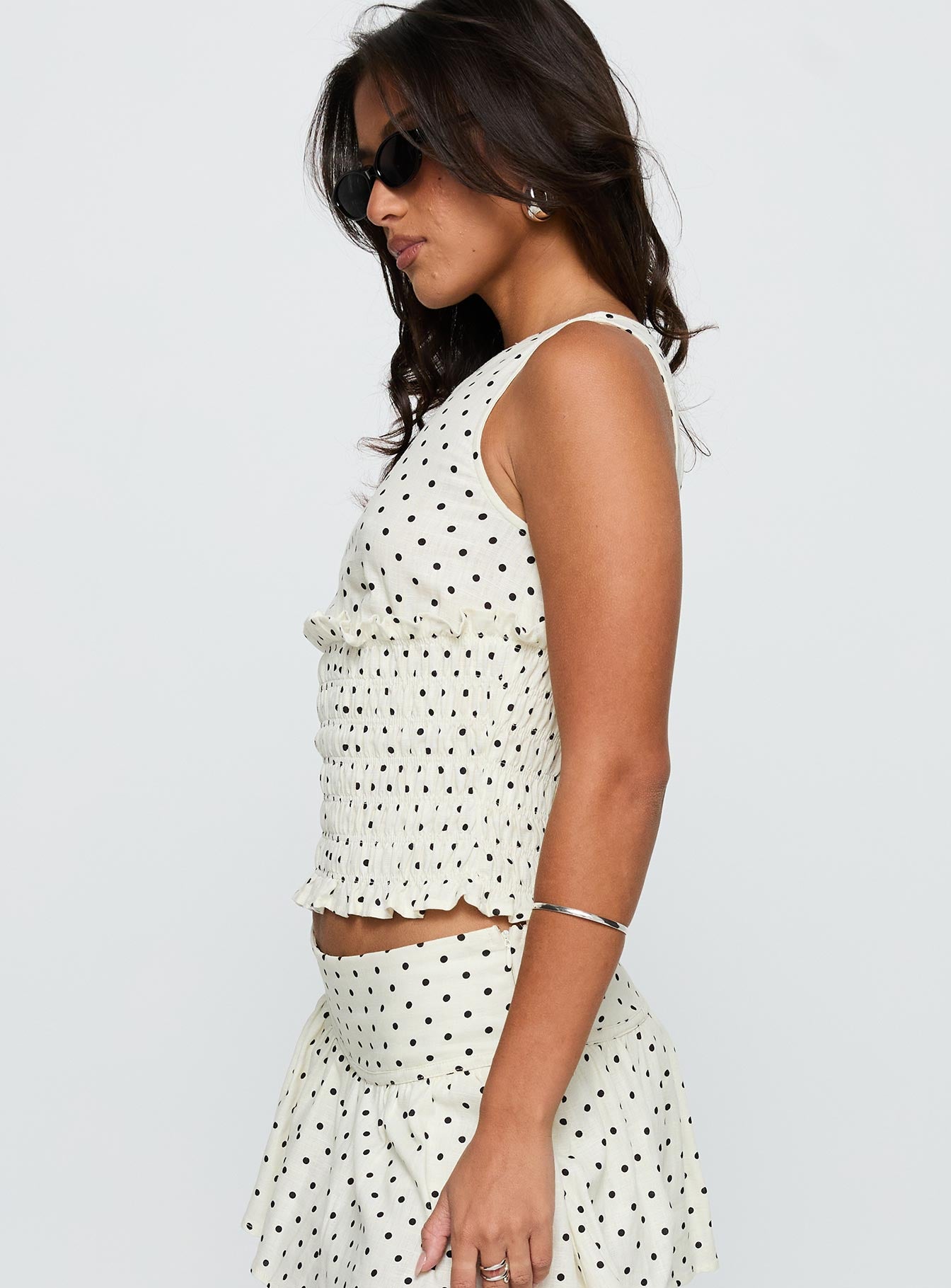 Roxee Ruched Linen Blend Top Cream Polka - Image 4