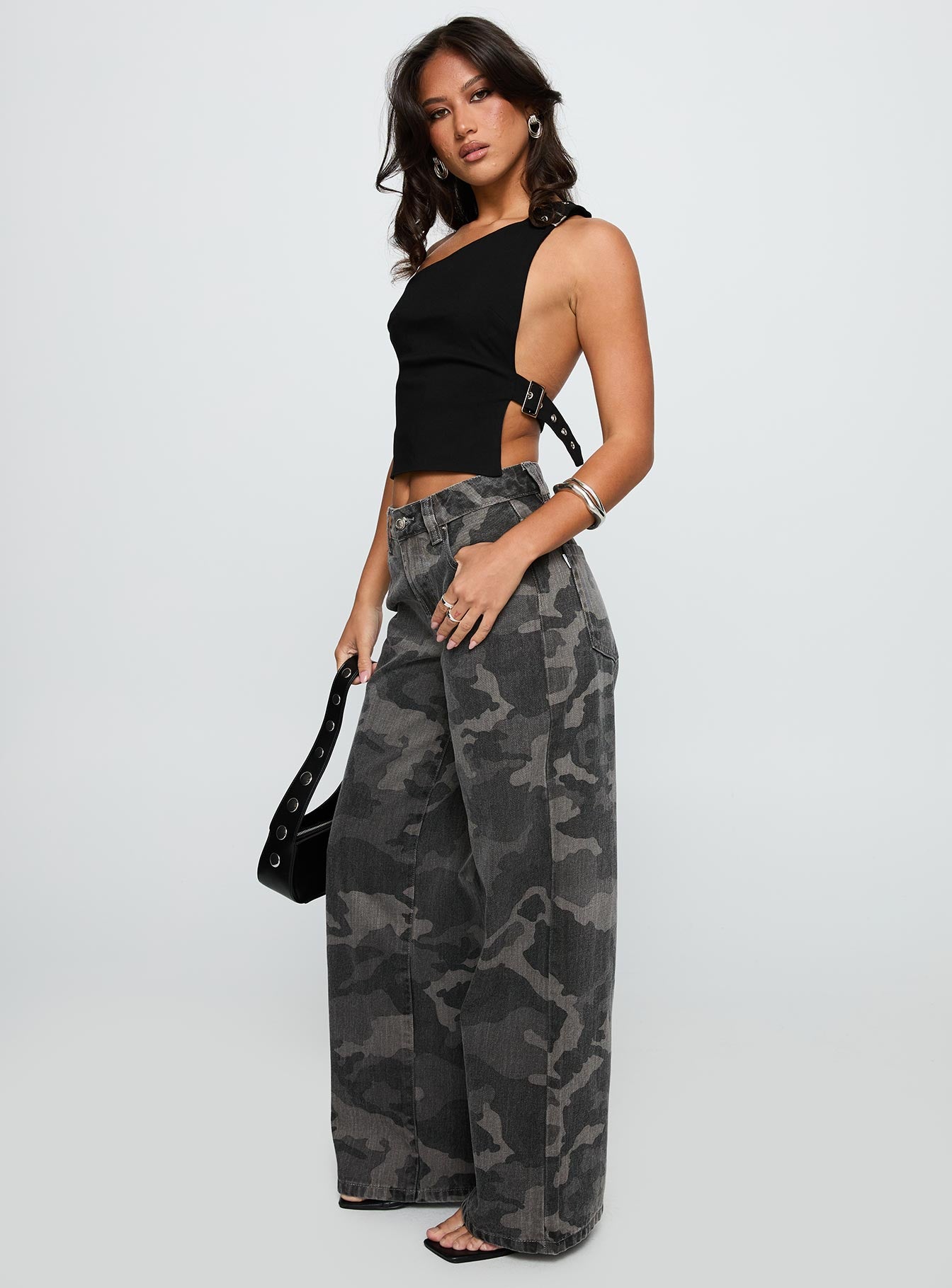 Big Talk Mid Rise Straight Leg Jeans Grey Washed Camo - Image 4