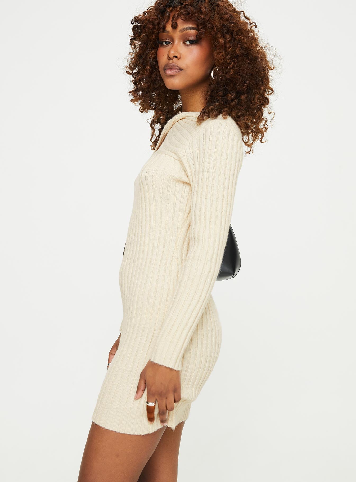 Hadder Long Sleeve Knit Mini Dress Beige - Image 4