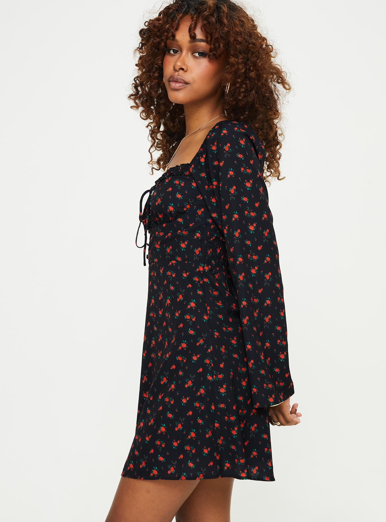 Love Birds Long Sleeve Mini Dress Black / Red Floral - Image 4