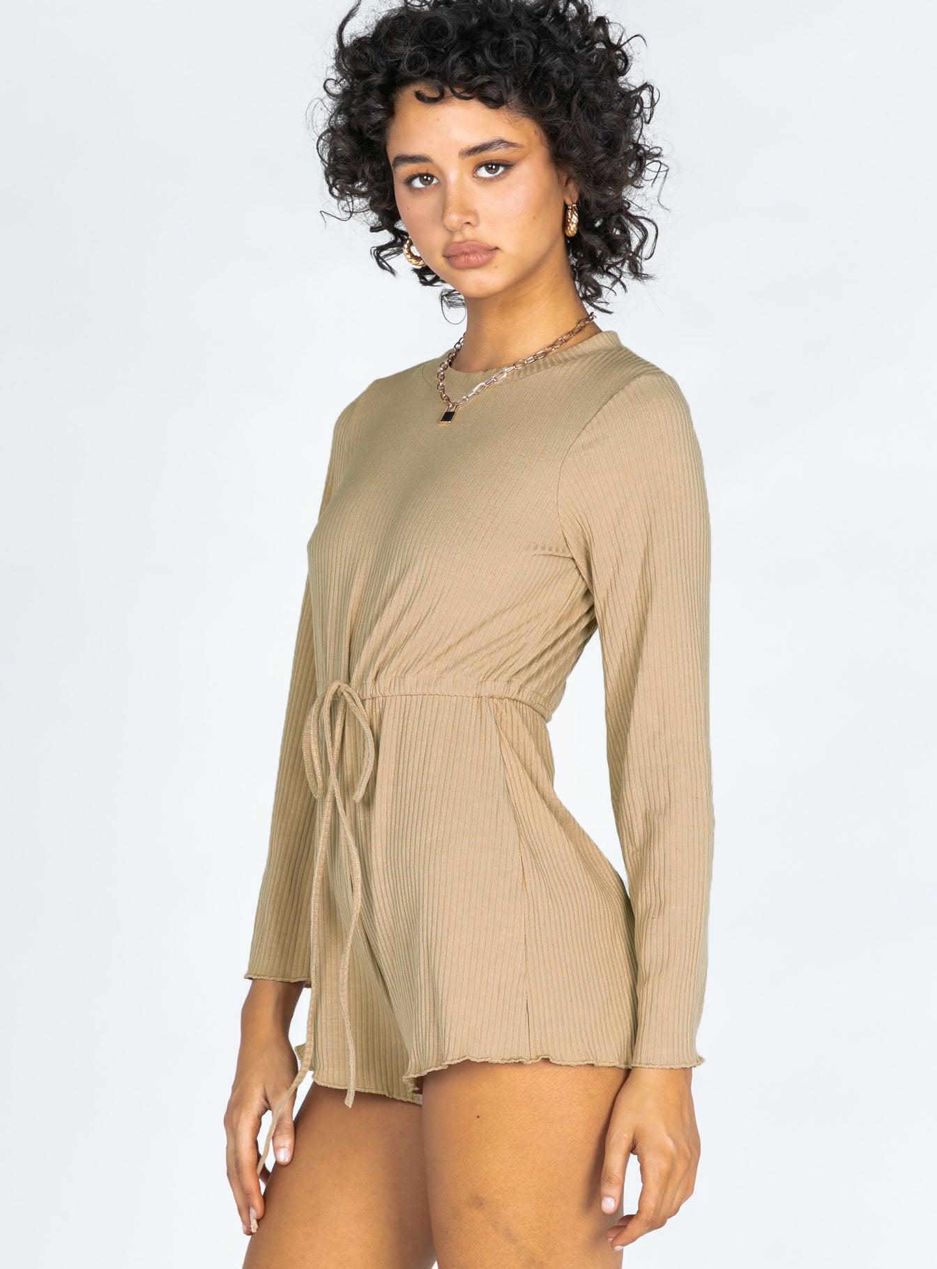 Aiken Long Sleeve Beige Romper - Image 3