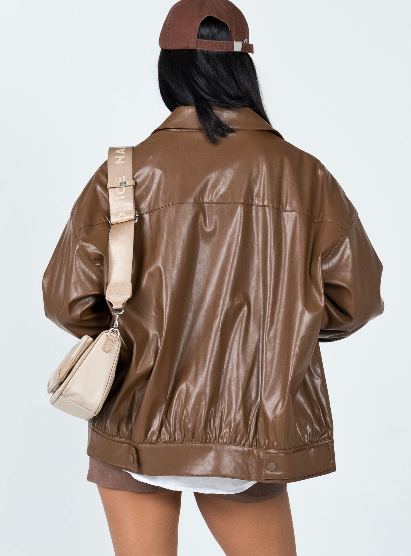 Rach Faux Leather Oversized Bomber Jacket Brown - Image 5