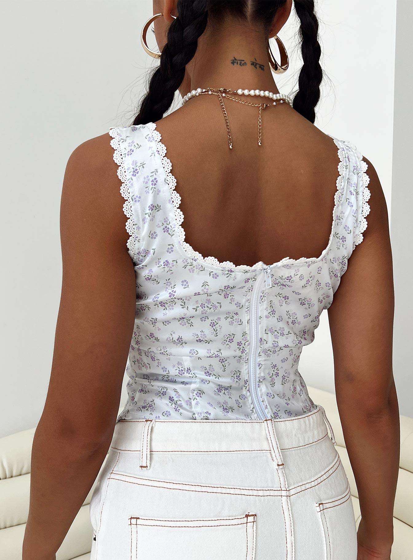 Berlin Satin Top White / Purple Floral - Image 4