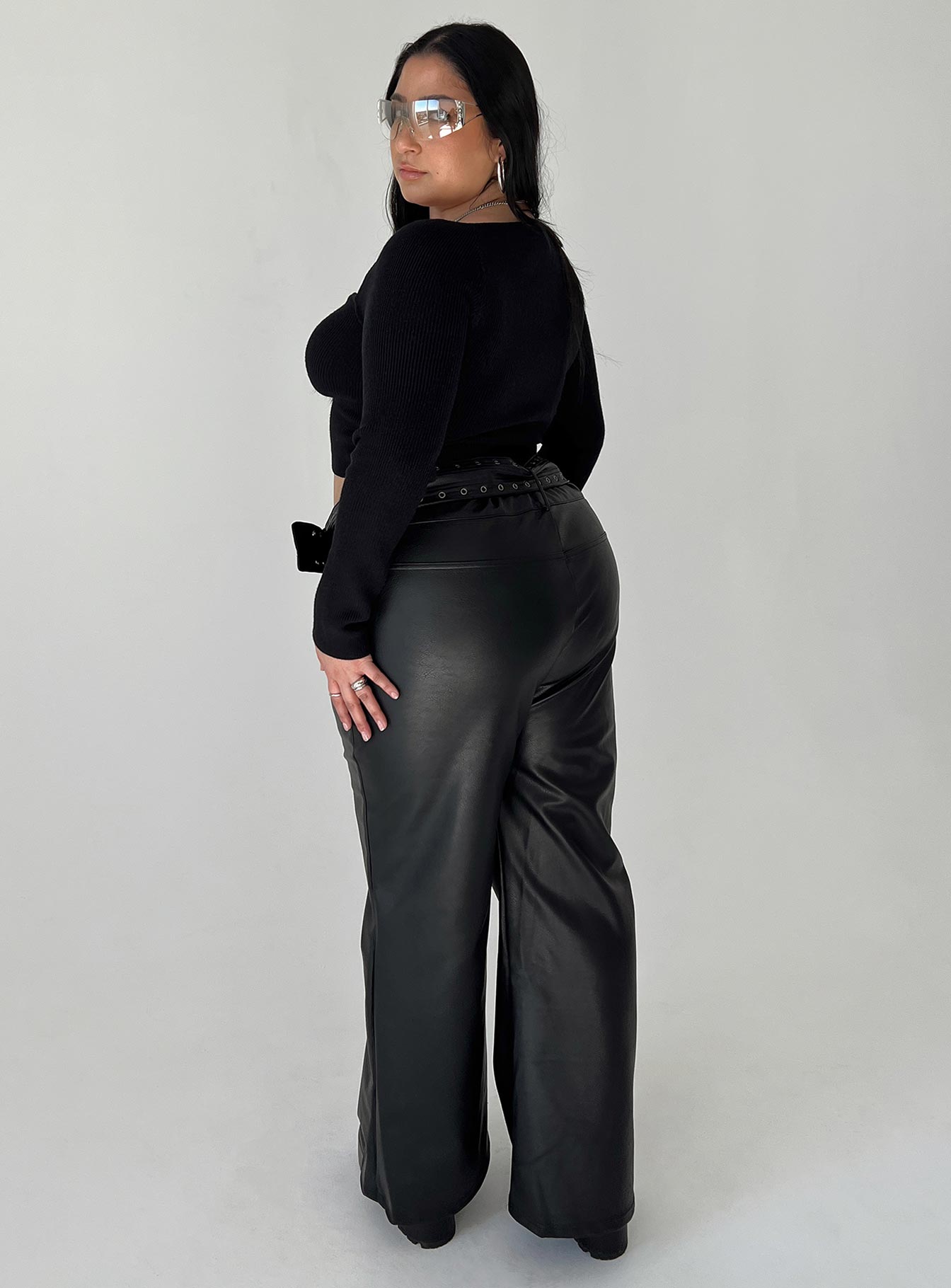 Torridon Eyelet Belt Faux Leather Pants Black Curve - Image 5