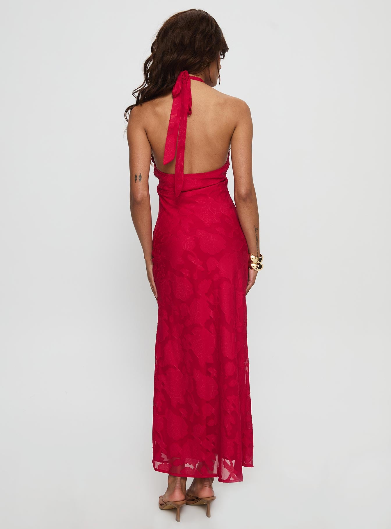 Ending Credits Halter Twist Maxi Dress Red Burnout - Image 4