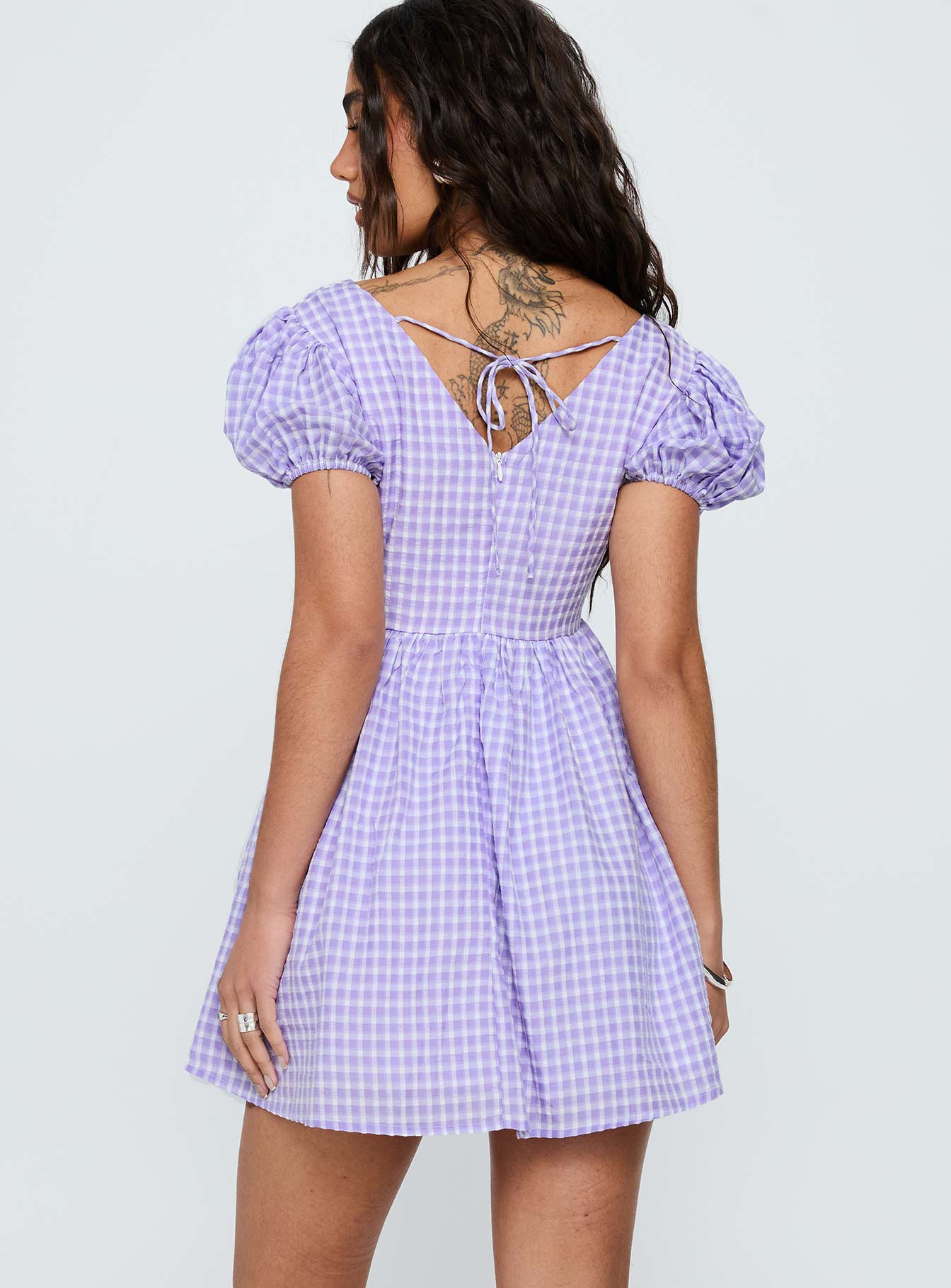 Chavelle Puff Sleeve Mini Dress Purple Check - Image 4