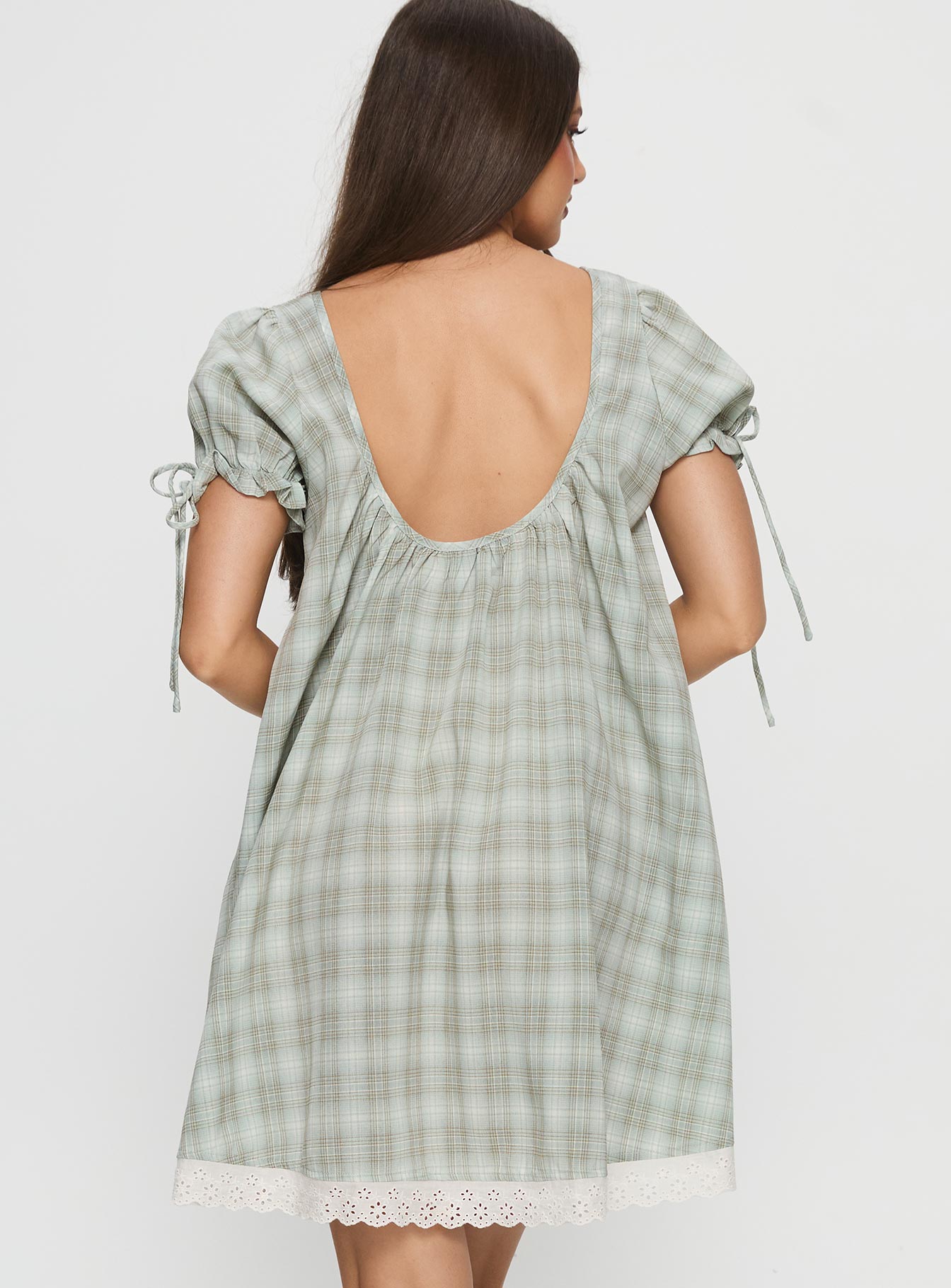 Embracing Puff Sleeve Swing Mini Dress Blue Check - Image 5