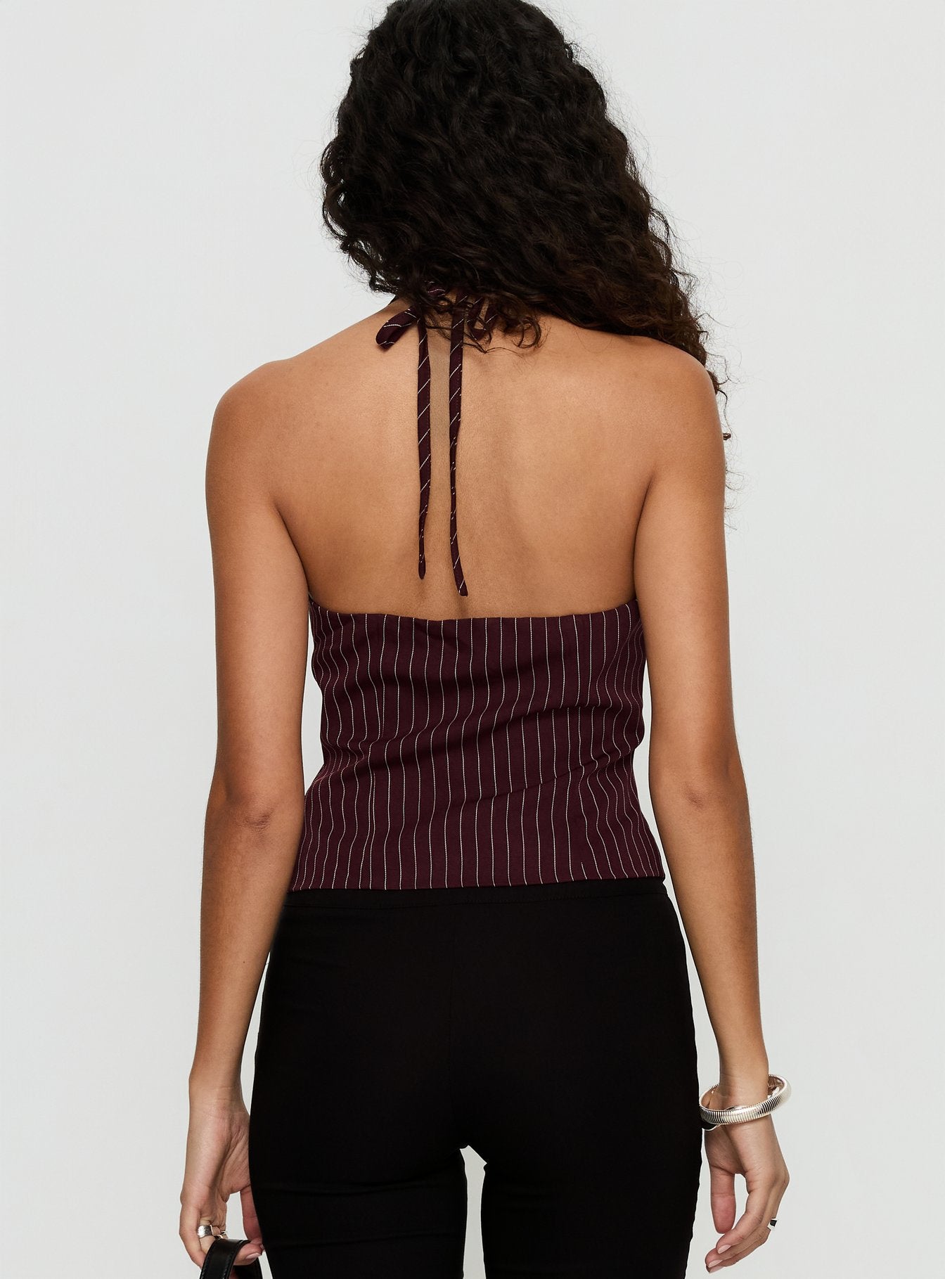 No Sleep Halter Top Burgundy Pinstripe - Image 4