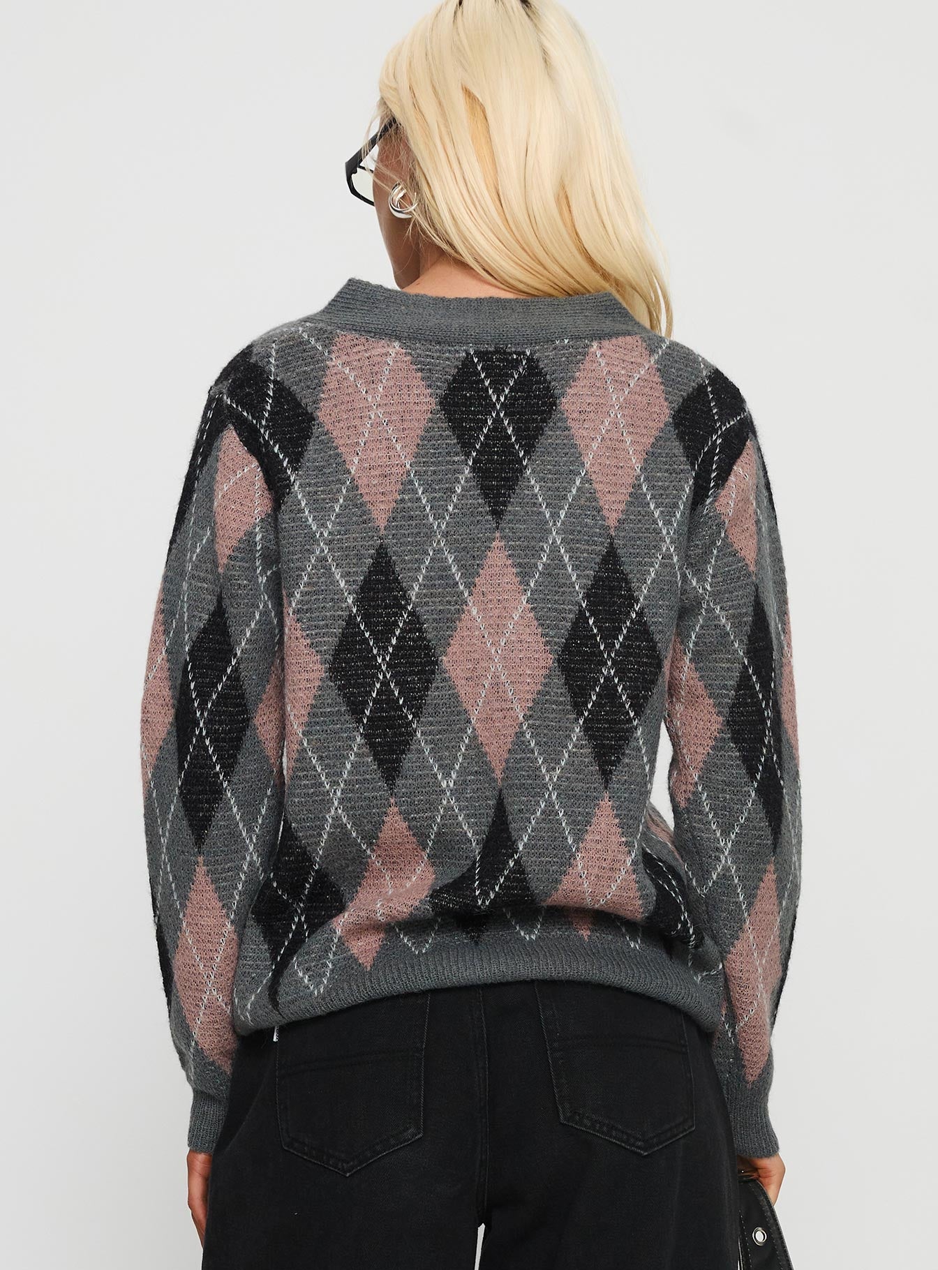 Zeeva Button Through Knit Cardigan Grey Argyle - Image 5
