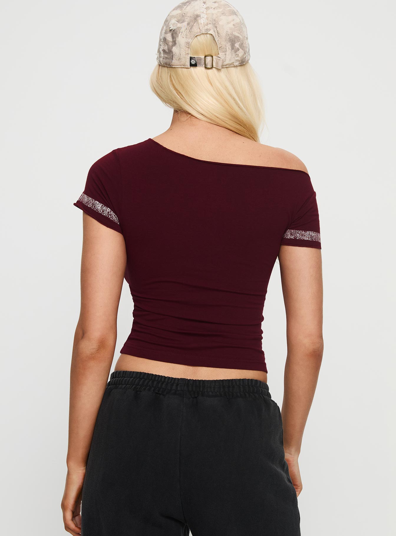 97 Authentic Off Shoulder Graphic Top Maroon - Image 5