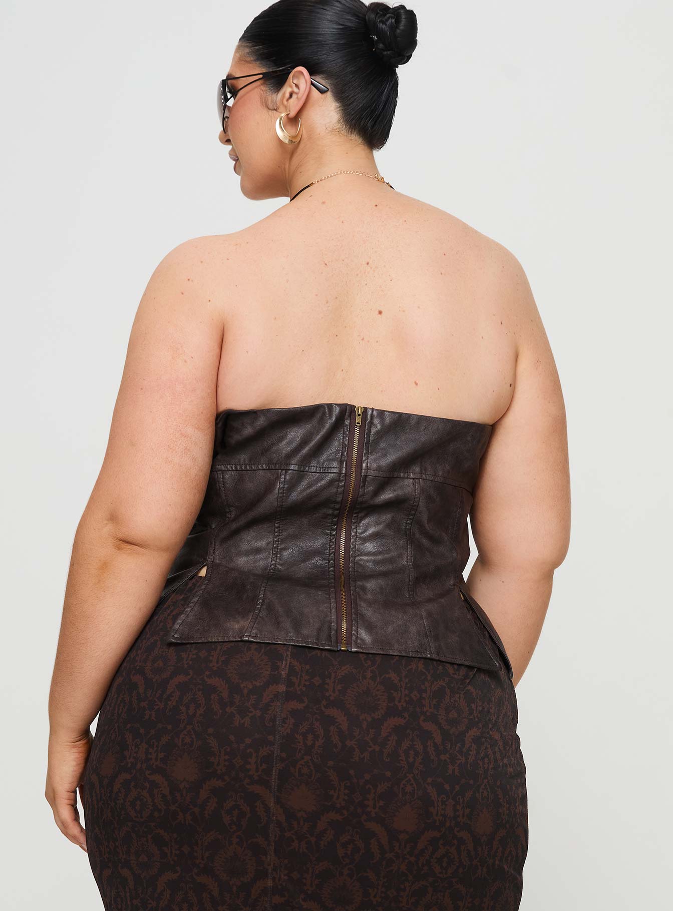 Afraid Strapless Faux Leather Top Brown Curve - Image 5