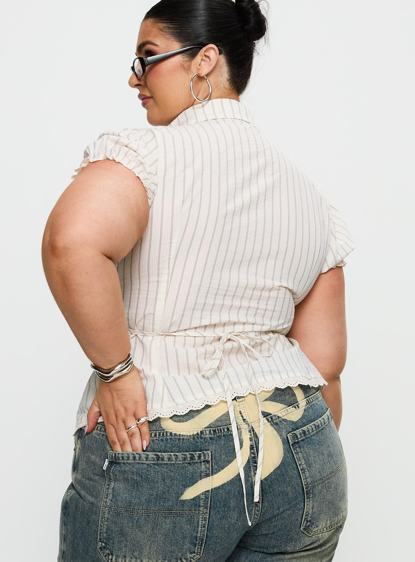 Deserve You Puff Sleeve Button Front Top Cream Stripe Curve - Image 5