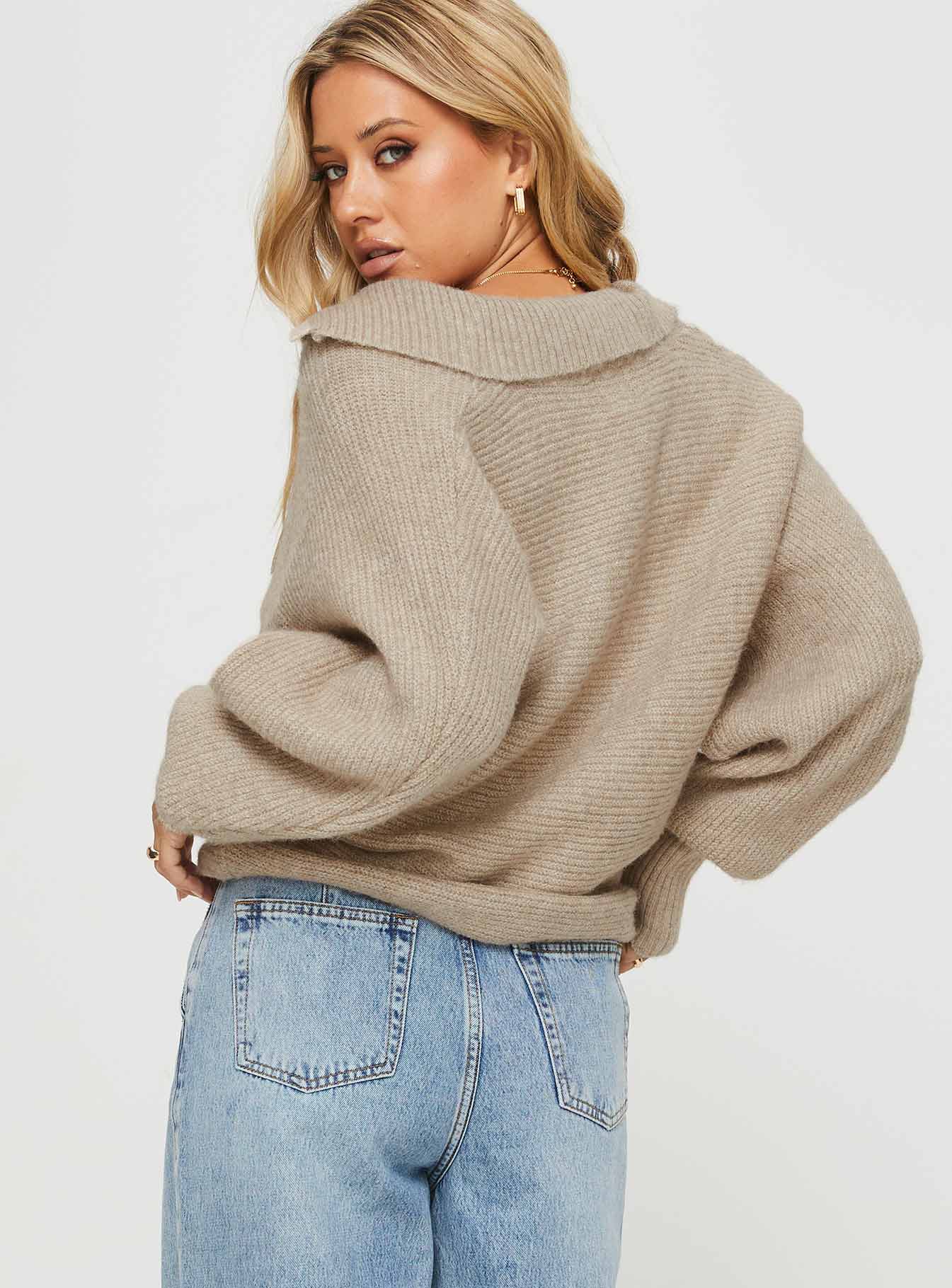 Bella Notched Neck Sweater Beige - Image 4