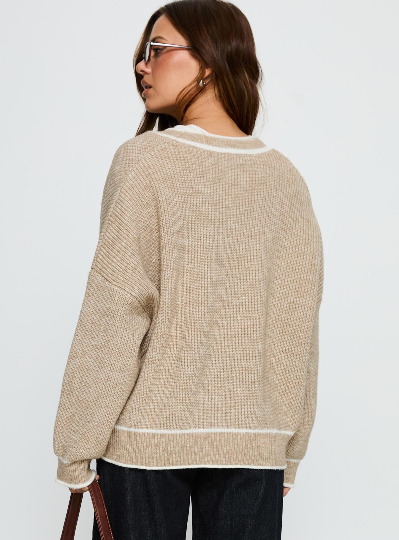 Cressara Contrast Knit Cardigan Beige / White - Image 5