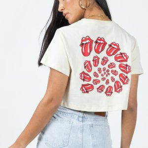 Rolling Stones Many Tongues Crop Tee Beige