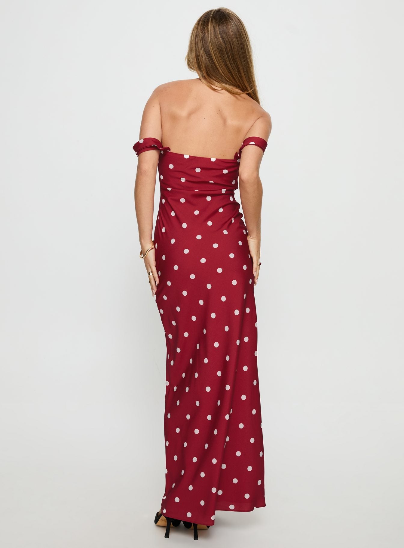 End Credits Off Shoulder Pleat Maxi Dress Red / Polka Dot - Image 4