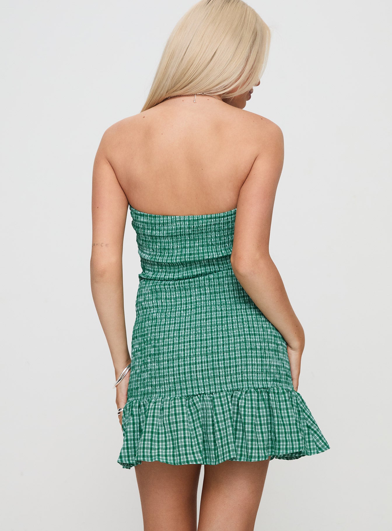 Porschia Strapless Mini Dress Green Check - Image 5