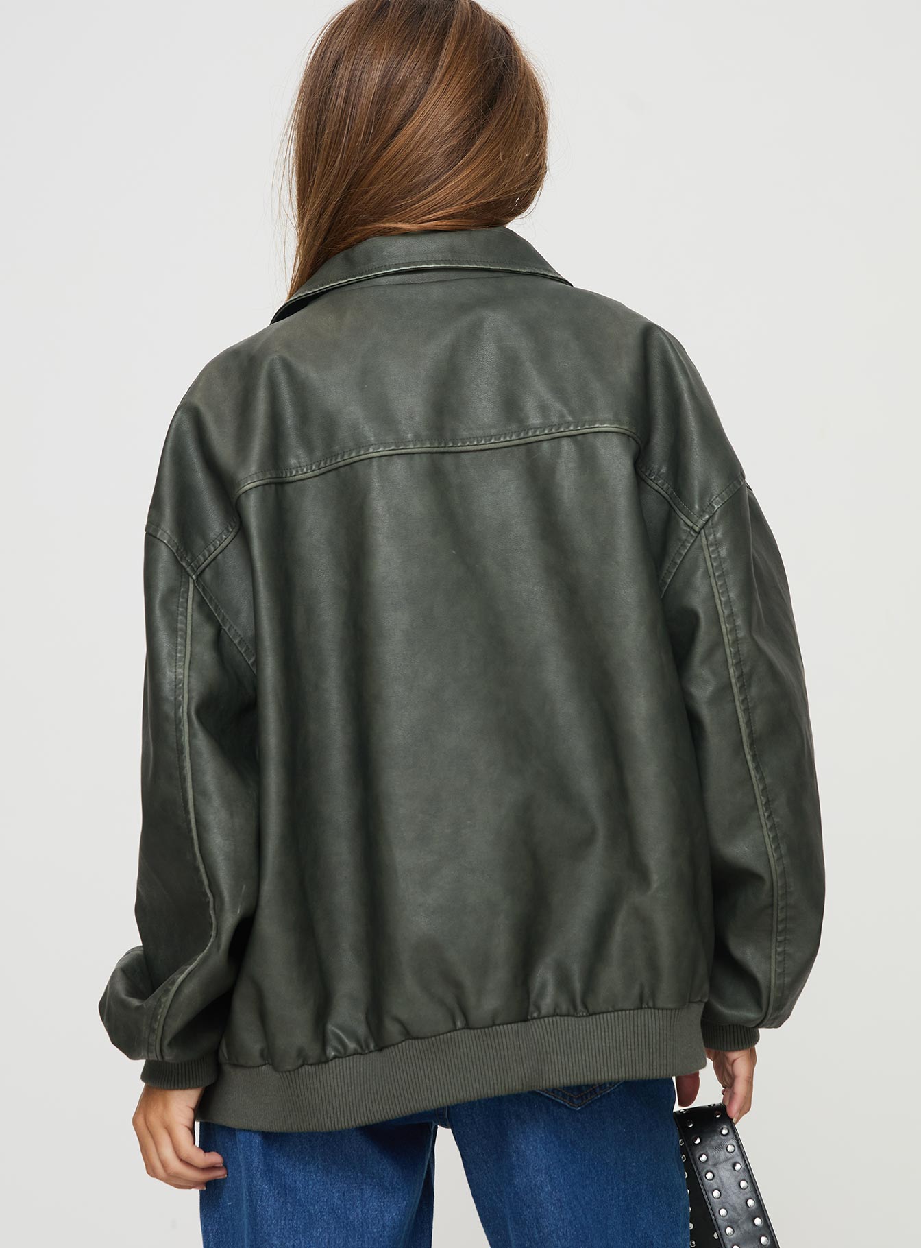 Goldsmith Faux Leather Bomber Jacket Washed Forest - Image 6