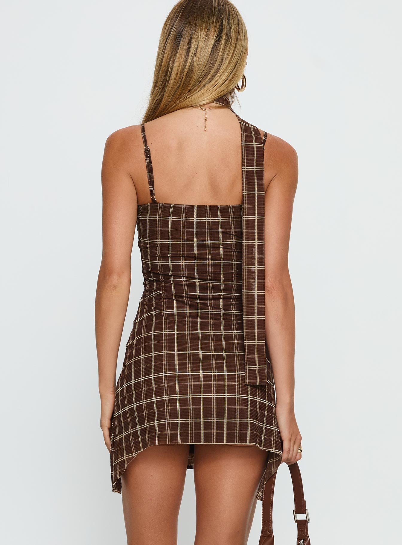 Love Unknown Scarf Tie Mini Dress Brown Check - Image 5