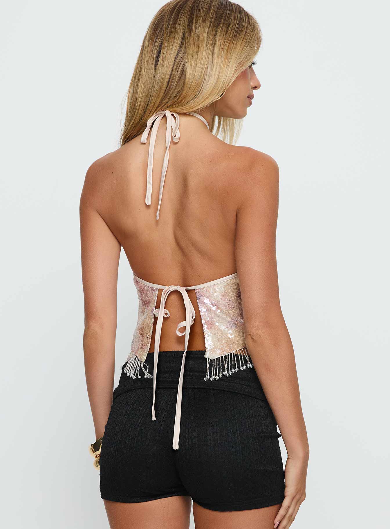 Udelle Sequin Fringey Halter Top Cream Sequin - Image 5