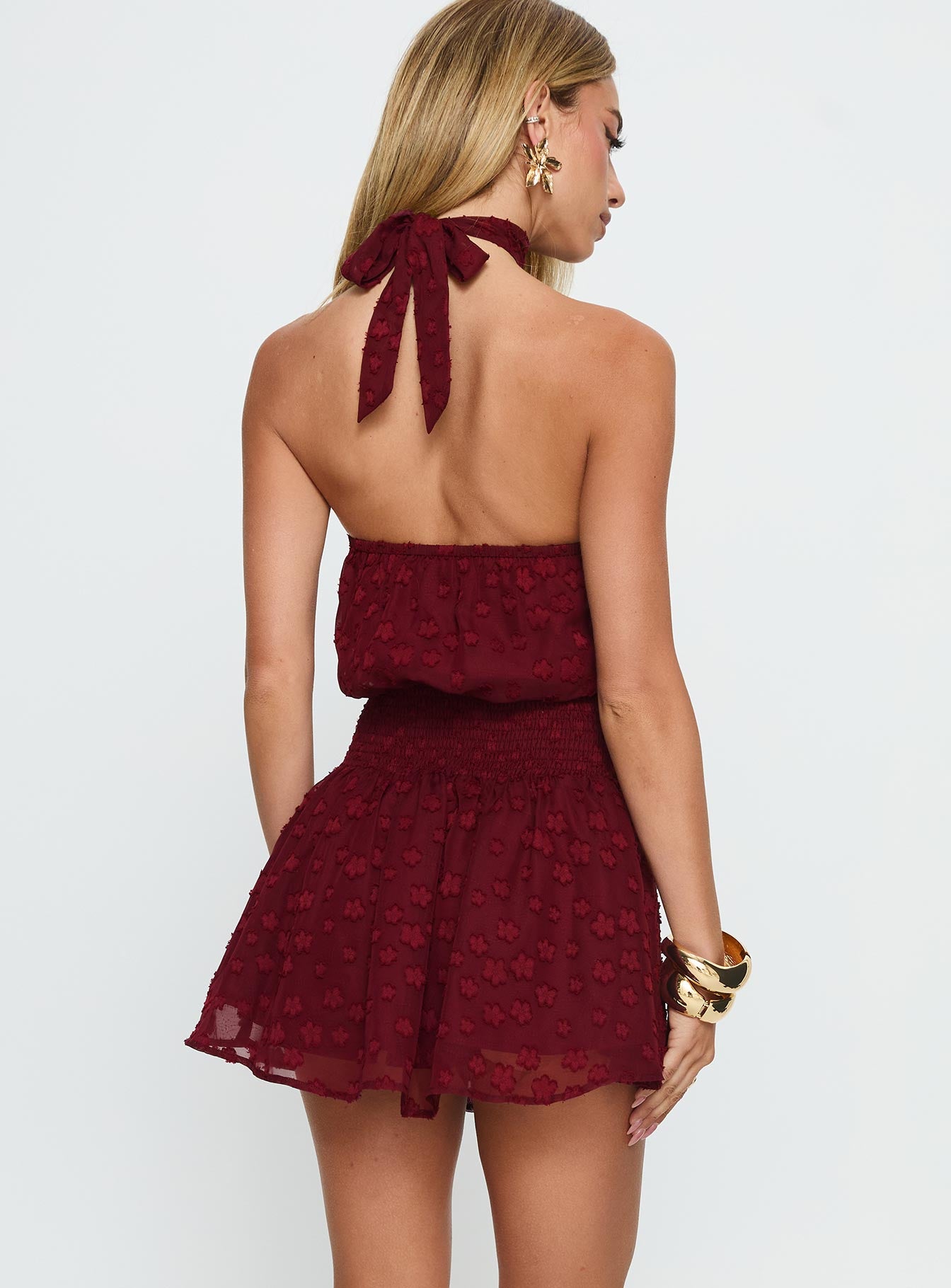 Eurythmic Scarf Halter Mini Dress Burgundy Jacquard - Image 4