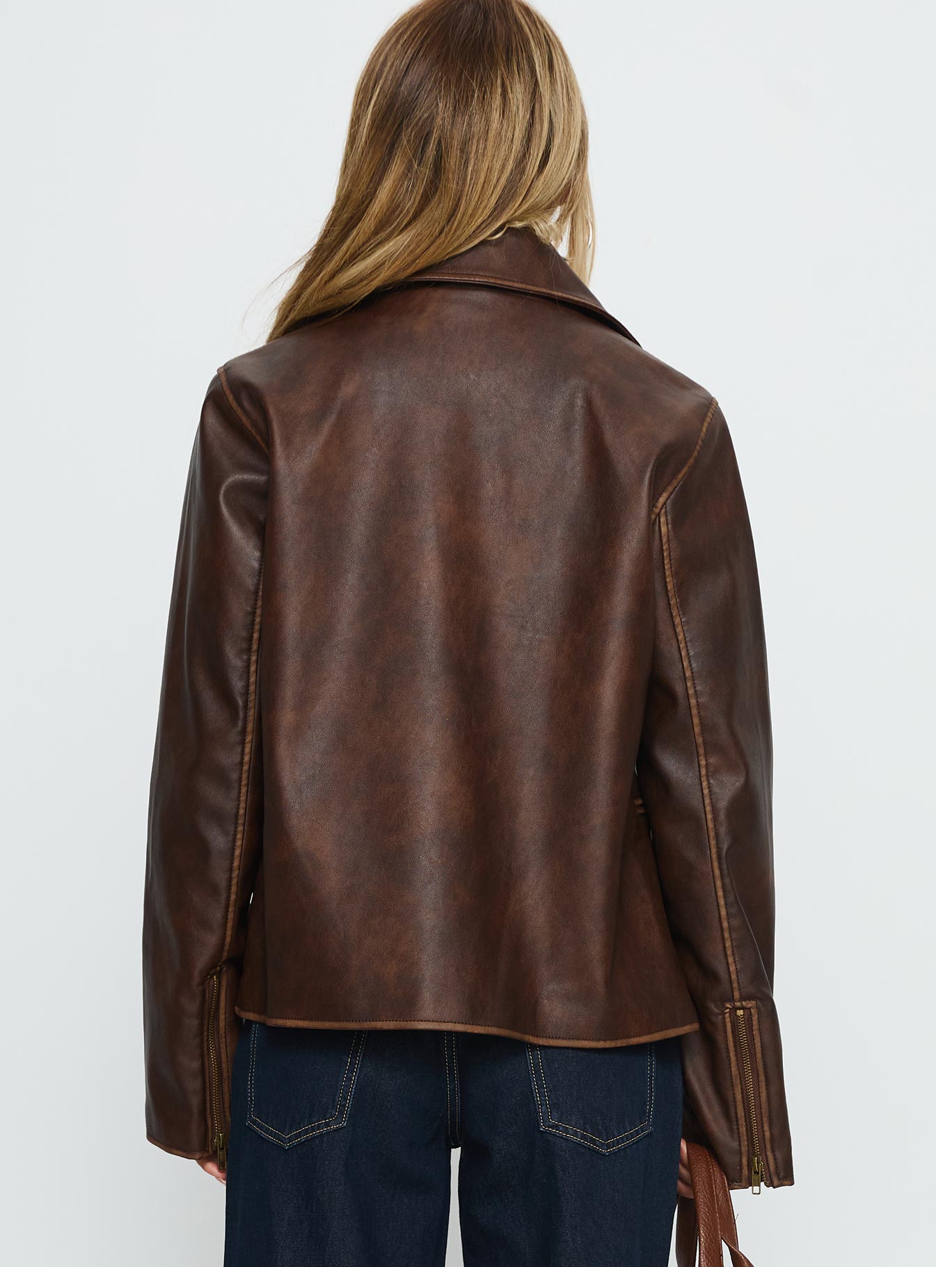 Vyolette Faux Leather Collared Jacket Washed Brown - Image 5
