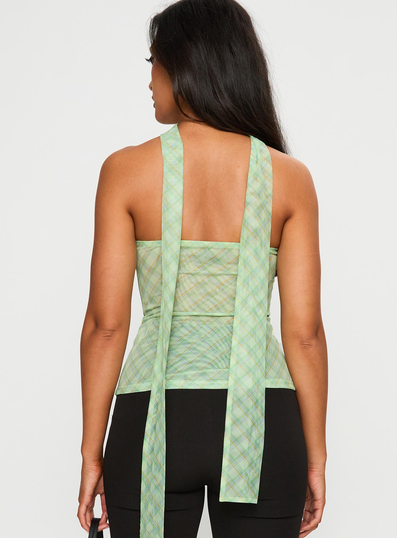 No Comparison Neck Tie Strapless Top Green Check - Image 5