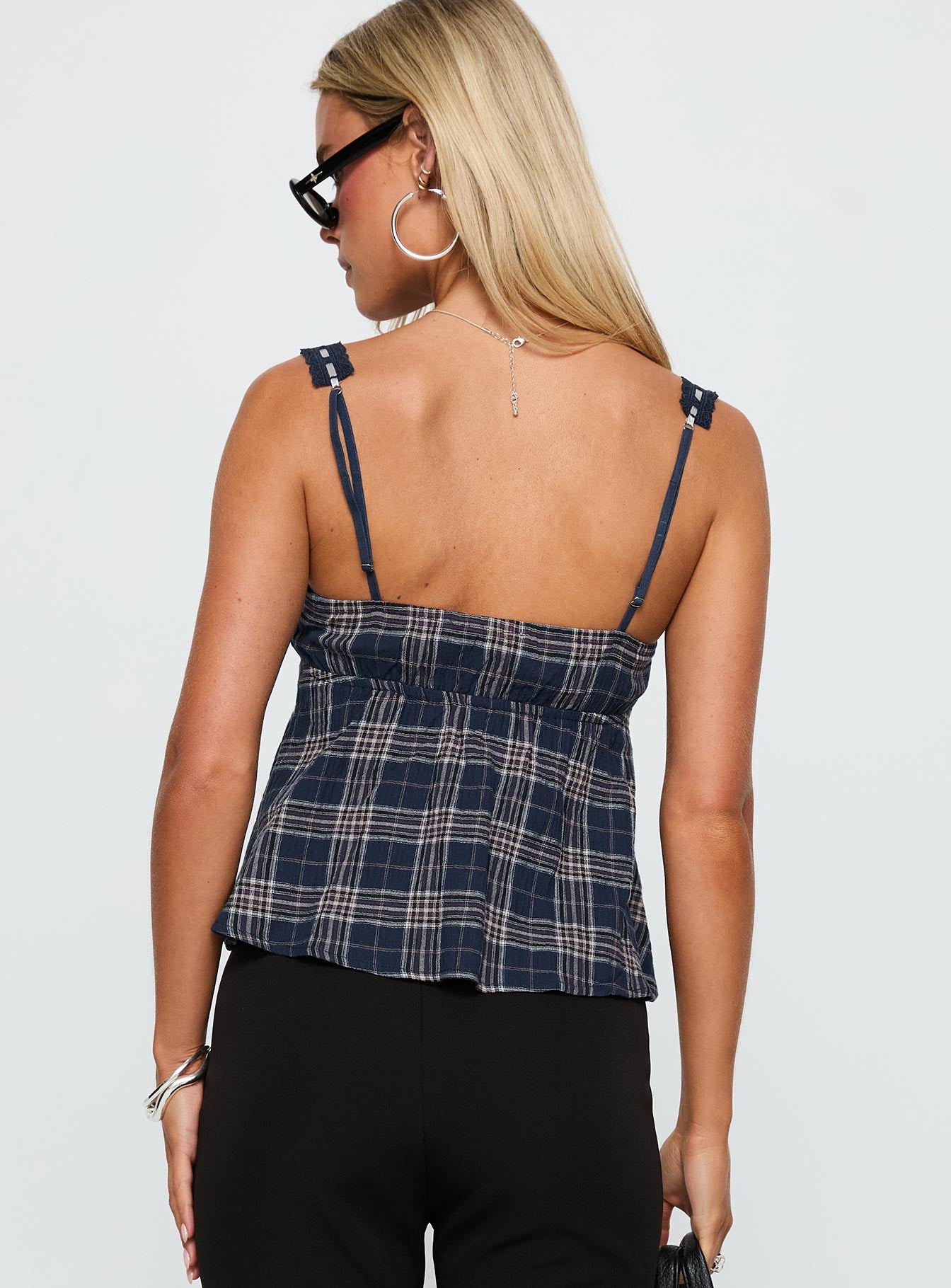 Pretty It Up Tie Detail Top Blue Check - Image 5