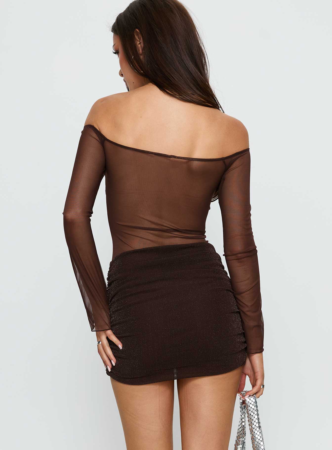 Briseida Mesh Long Sleeve Mini Dress Chocolate - Image 4