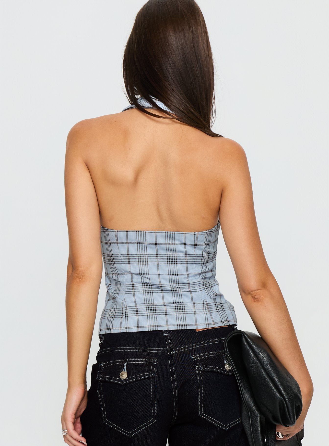 Lure Button Up Sleeveless Top Baby Blue Plaid - Image 5
