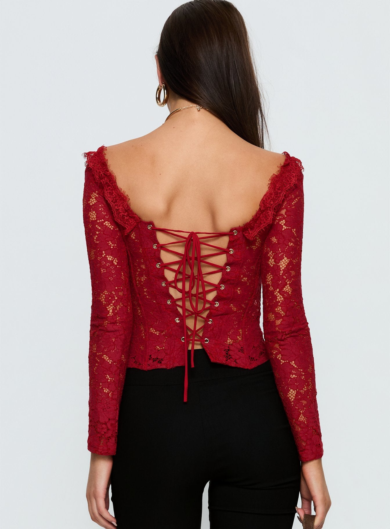 Miquela Long Sleeve Corset Lace Top Red - Image 5