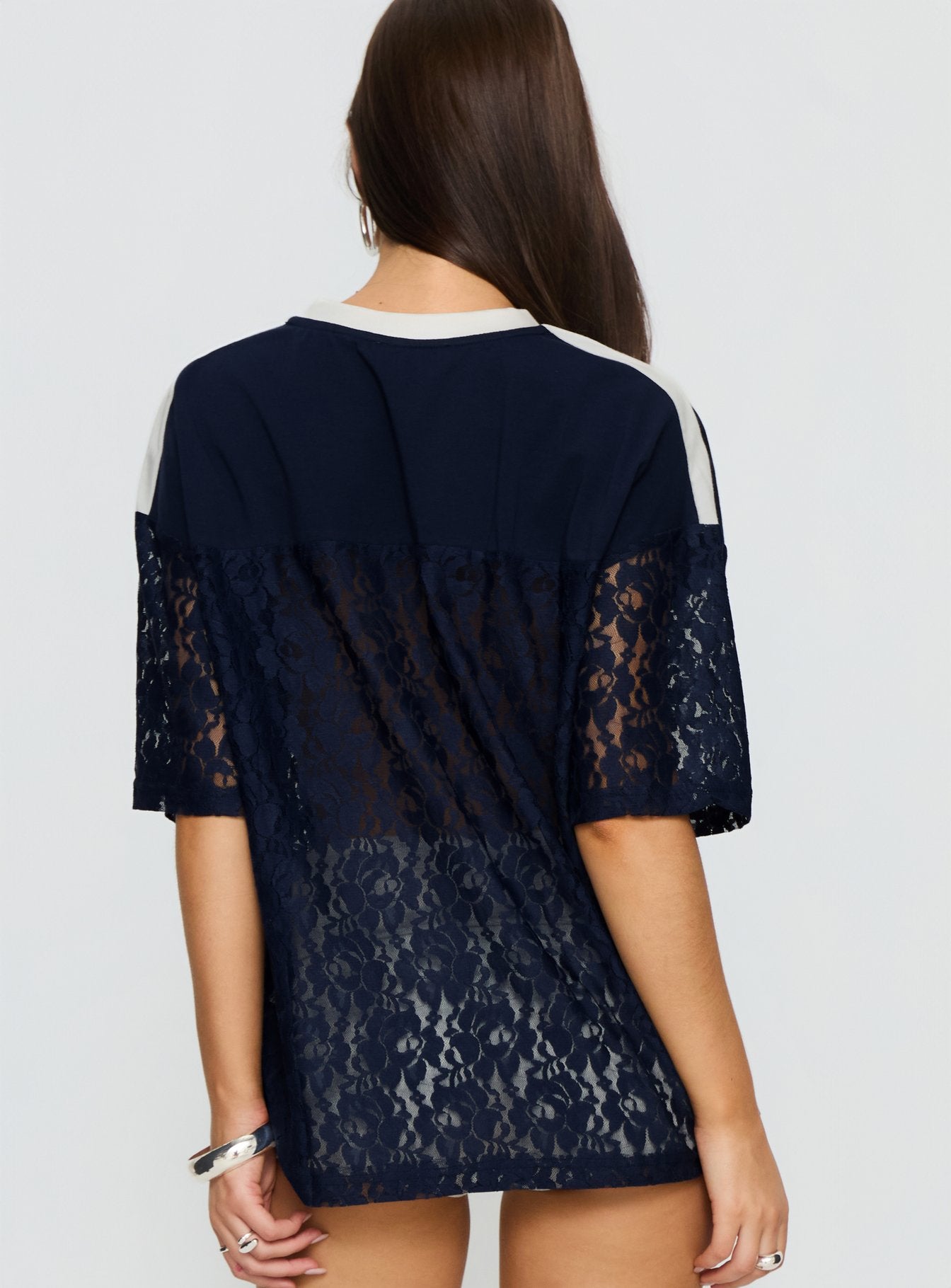 Lucky 23 Lace Jersey Graphic Top Navy - Image 5